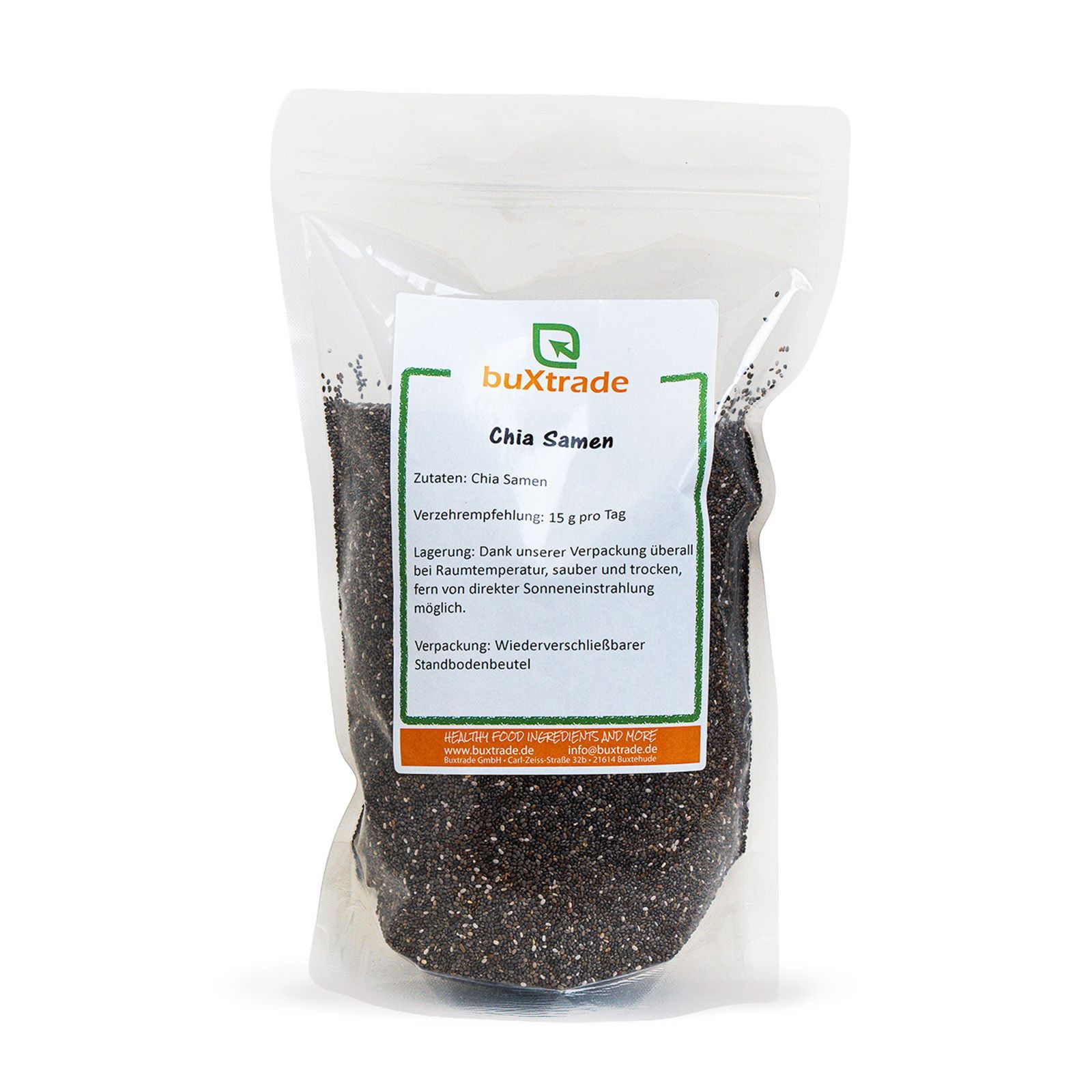 Transparente Verpackung mit Chia-Samen. Aufdruck mit Produktname und Informationen von buXtrade.