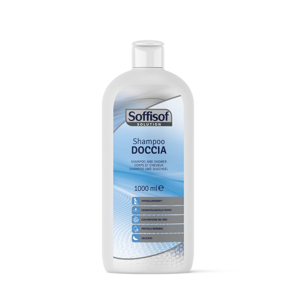 Weißes Shampoo-Duschgel von Soffisof. Flasche mit blau-weißer Etikettierung. Text: Shampoo Doccia, 1000 ml.
