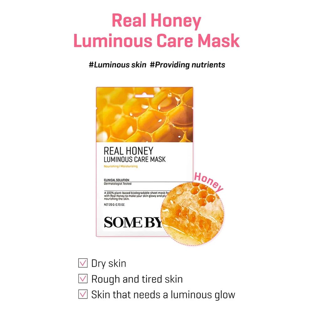 SOME BY MI Real Honey Luminous Care Mask. Verpackung, Honigwaben-Design, Text und Logo.