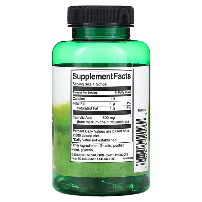 Rückseite der grünen Flasche. Aufschrift: Supplement Facts, Caprylsäure 600 mg, Zutaten, Swanson Health Products.