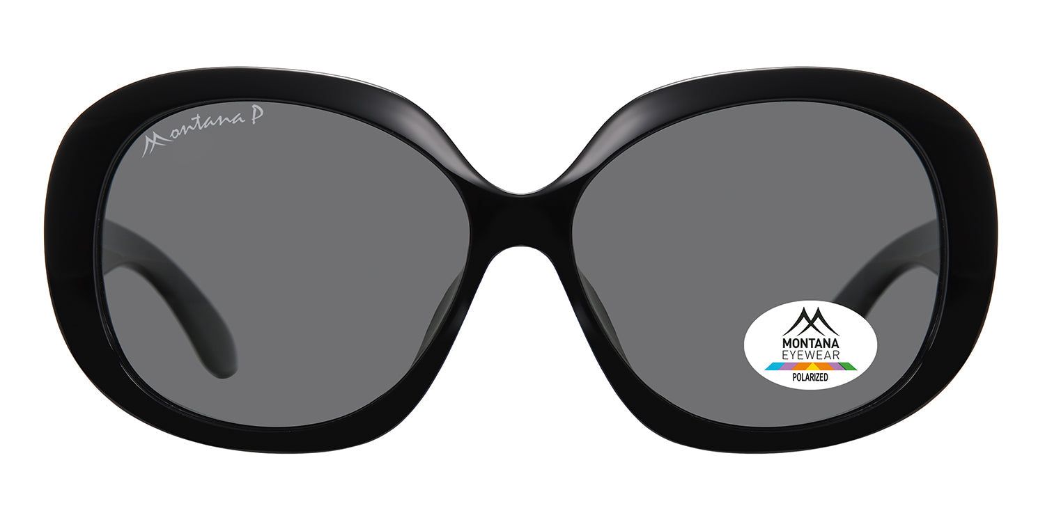 Schwarze Sonnenbrille mit grauen Gläsern. Montana Eyewear Logo auf dem Glas und Bügel. Ovaler Rahmen. Polarisierte Gläser.