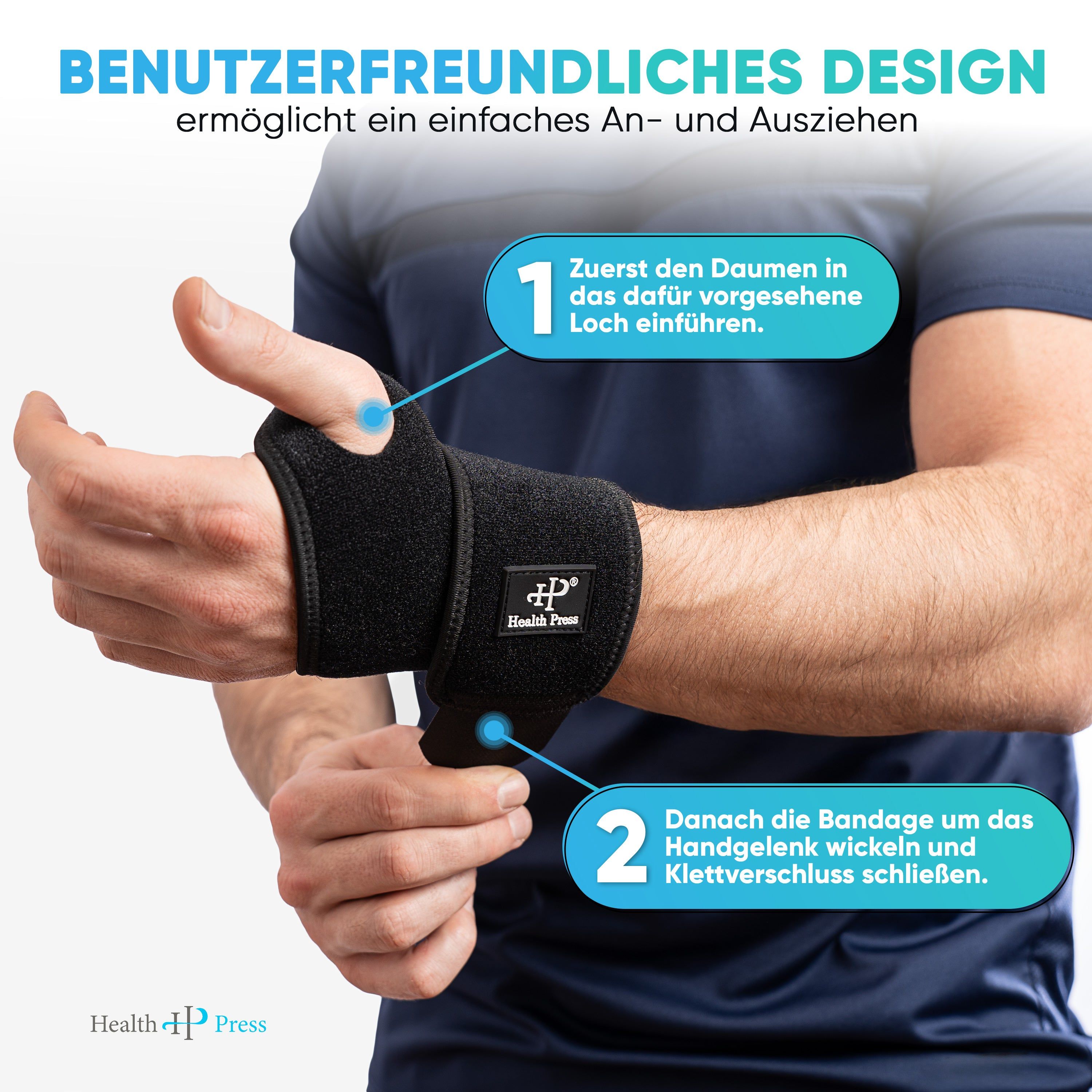 Person legt Handgelenkbandage an. Text: Benutzerfreundliches Design. Schritte: Daumen einführen, Bandage wickeln und Klettverschluss schließen.