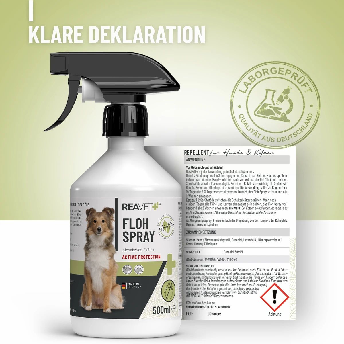 ReaVET Floh Spray Flasche mit Sprühkopf und Beipackzettel. Siegel "Qualität aus Deutschland".
