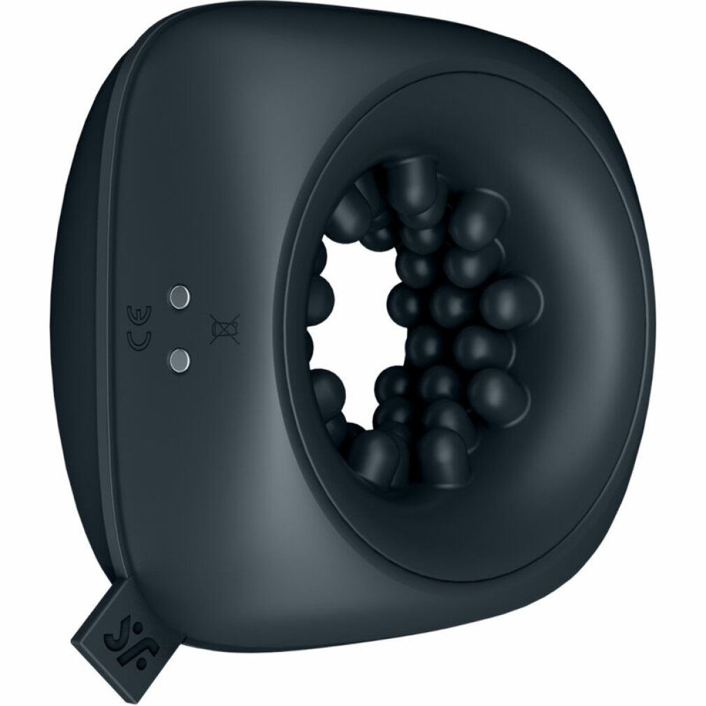 Dunkelgraues Gerät mit ringförmiger Öffnung und Noppen im Inneren. Seitliche Ansicht mit Bedienknöpfen und Logo. CE-Kennzeichnung.