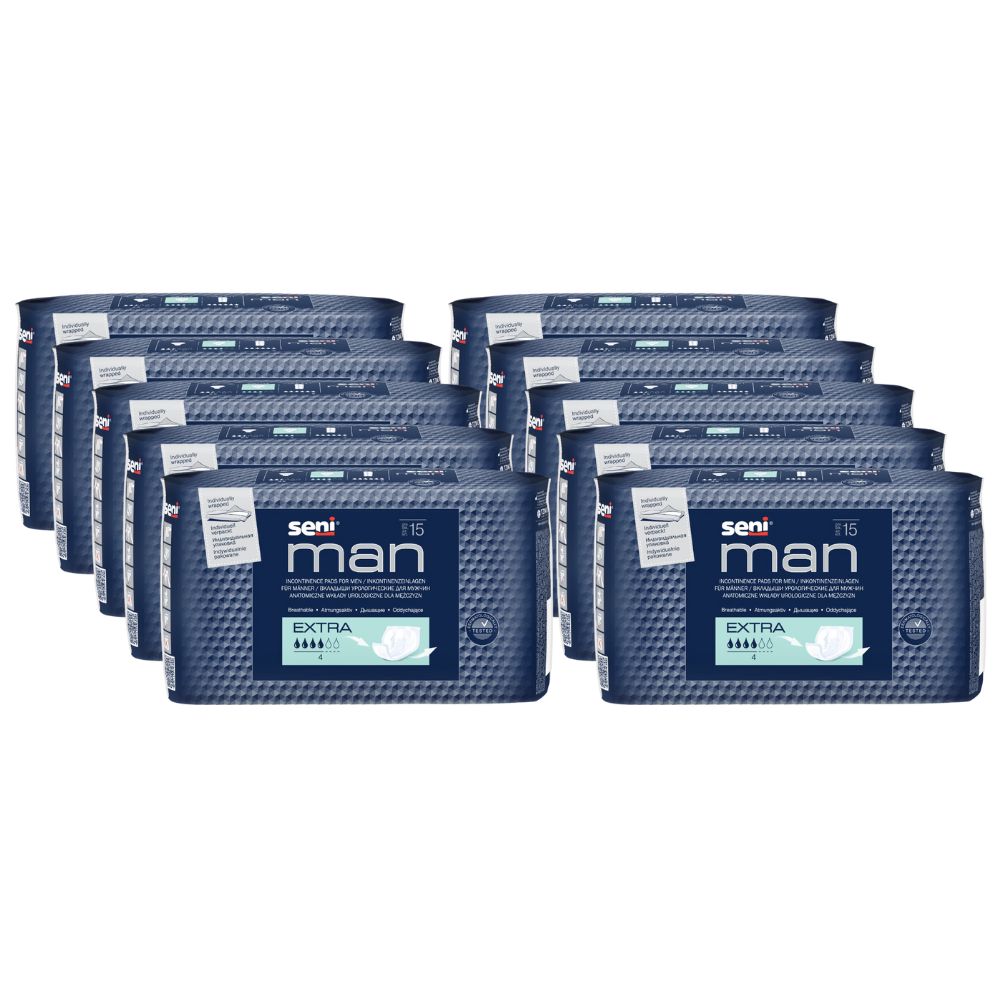 Mehrere Packungen Seni Man Light Level 1. Blaue Verpackung mit Produktinformationen und dem Logo Seni Man.