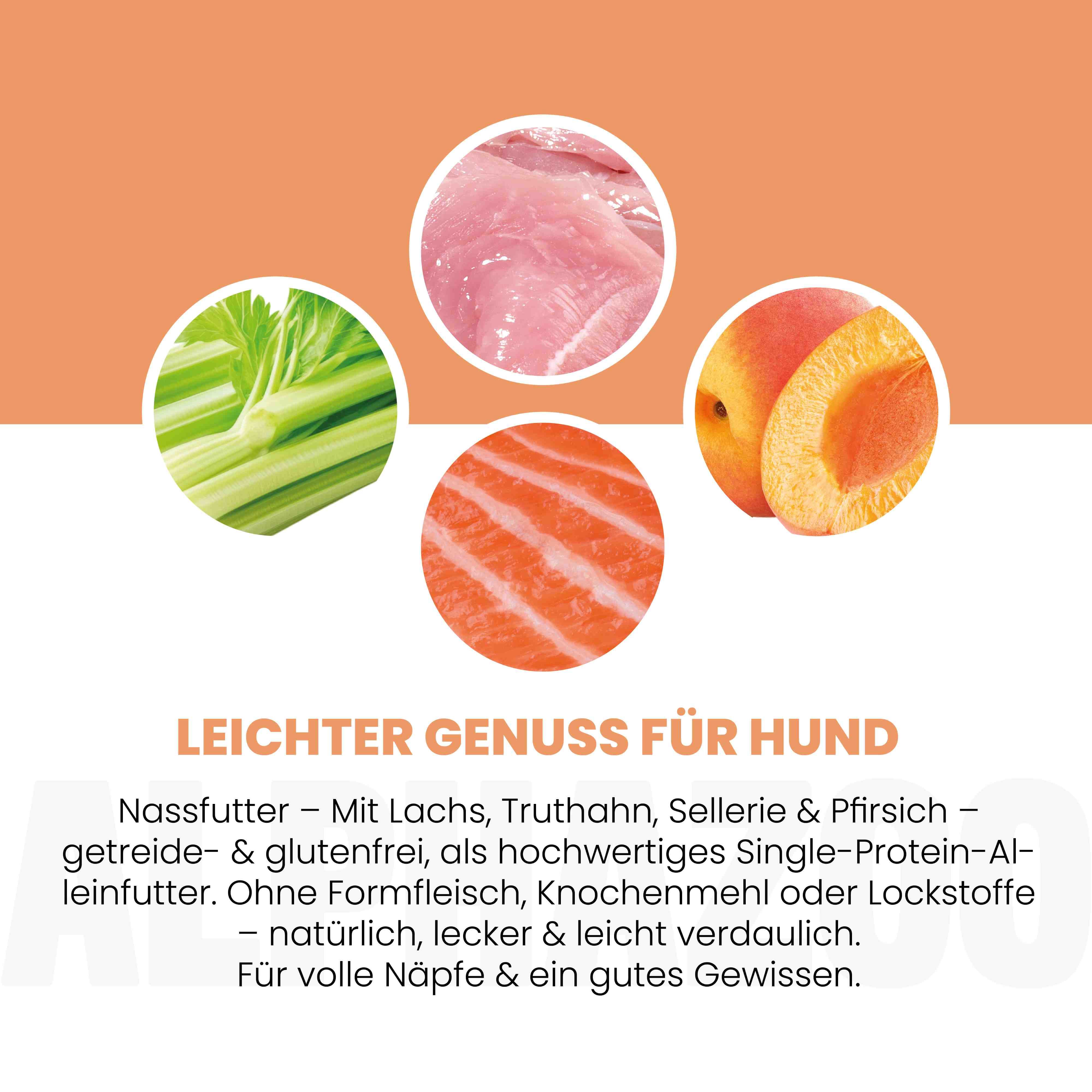 Zutaten: Lachs, Truthahn, Sellerie, Pfirsich. Text: Leichter Genuss für Hunde. Getreide- & glutenfrei. Ohne Formfleisch, Knochenmehl oder Lockstoffe.