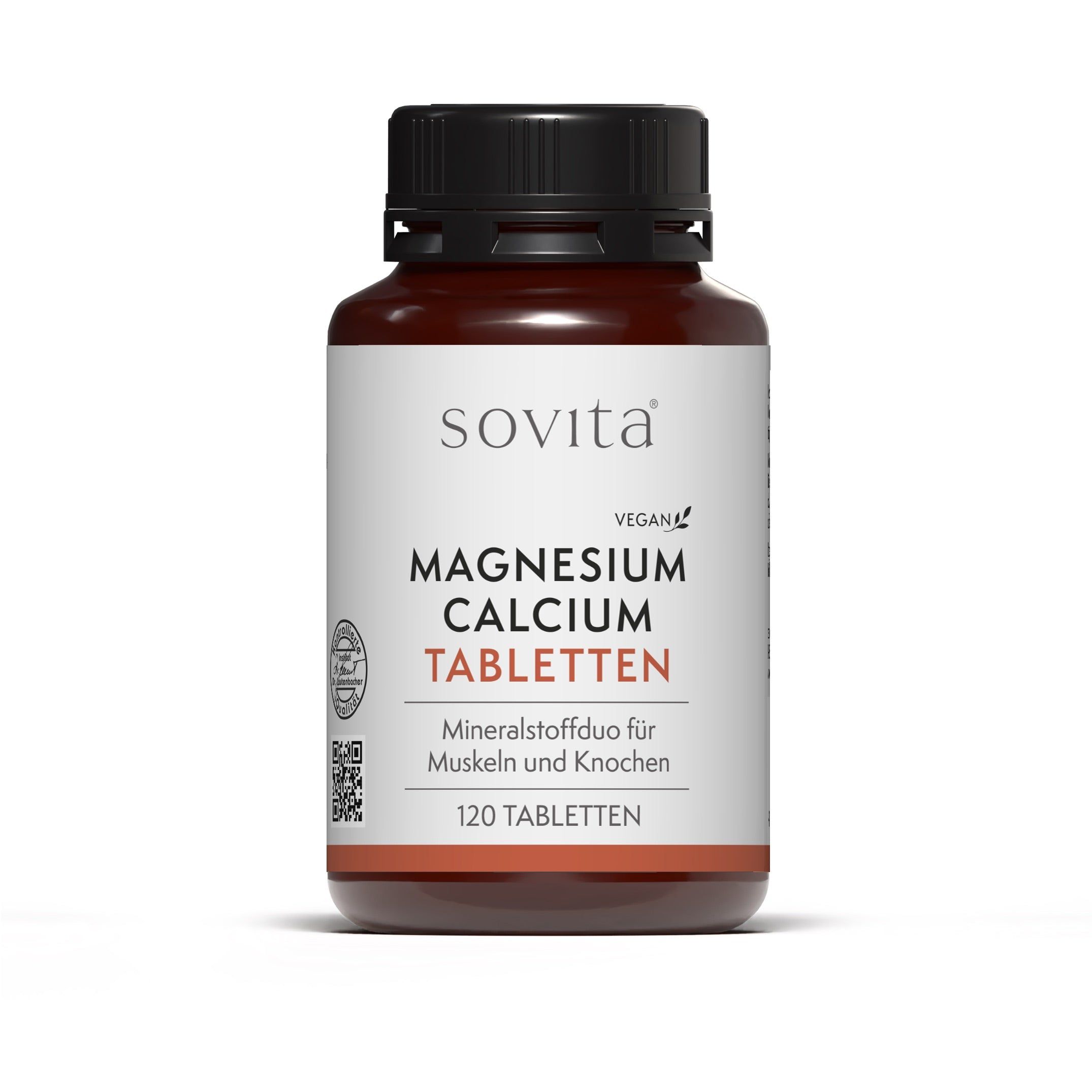 Braune Flasche SoVita® Magnesium Calcium Tabletten. Text: Vegan, Mineralstoffduo für Muskeln und Knochen, 120 Tabletten.