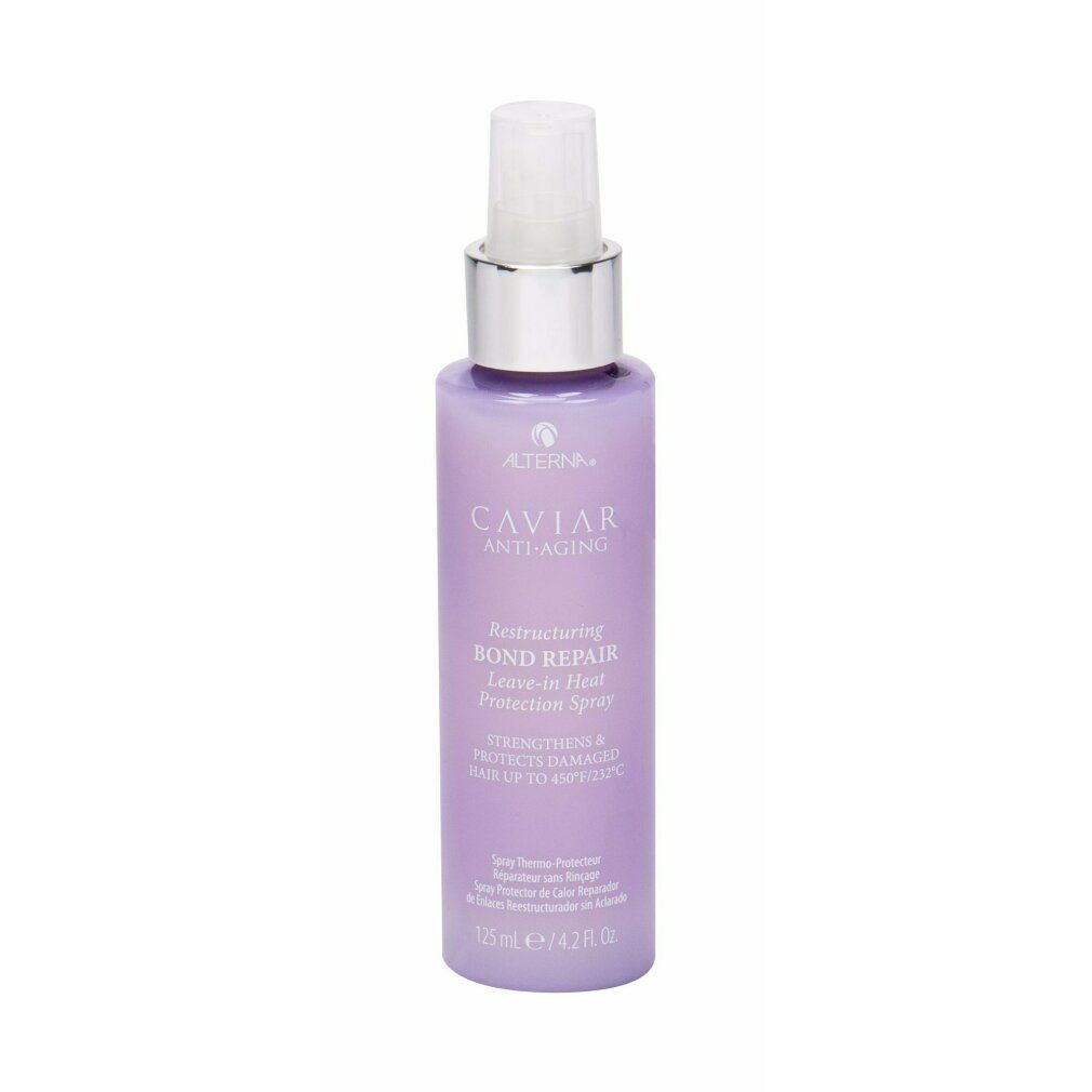 Lila Flasche mit Sprühkopf. Beschriftung: Caviar Anti-Aging, Restructuring Bond Repair Leave-in Heat Protection Spray. 125 ml.