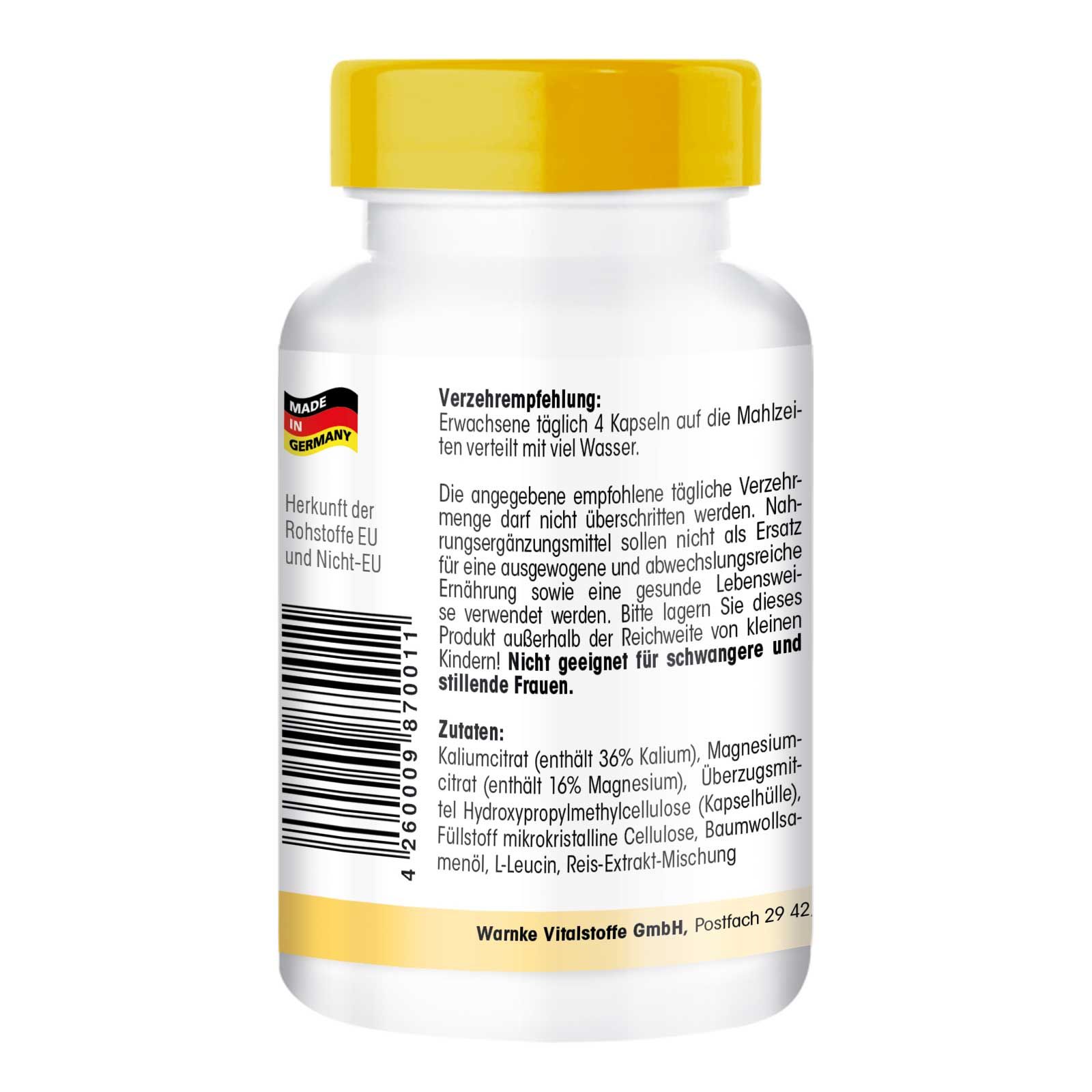 Rückseite der weißen Kapsel-Dose mit gelbem Deckel. Text: Verzehrempfehlung, Zutaten, Warnke Vitalstoffe GmbH. Herkunft: Rohstoffe EU und Nicht-EU. Made in Germany.