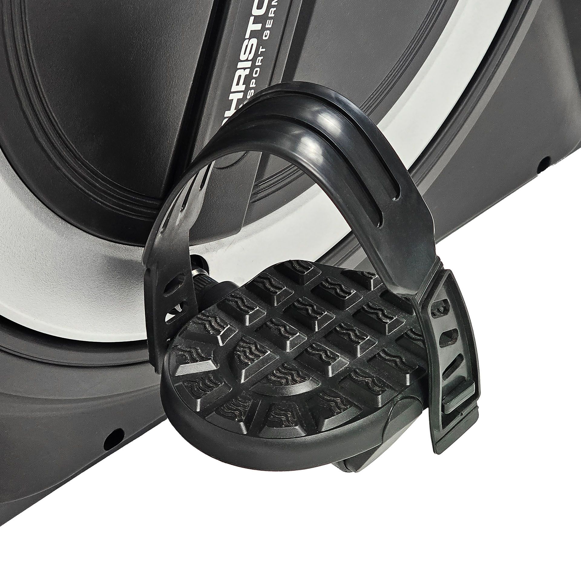 Ergometer-Pedal. Schwarzes Pedal mit Riemen. Rutschfeste Oberfläche. Schwarze Farbe.