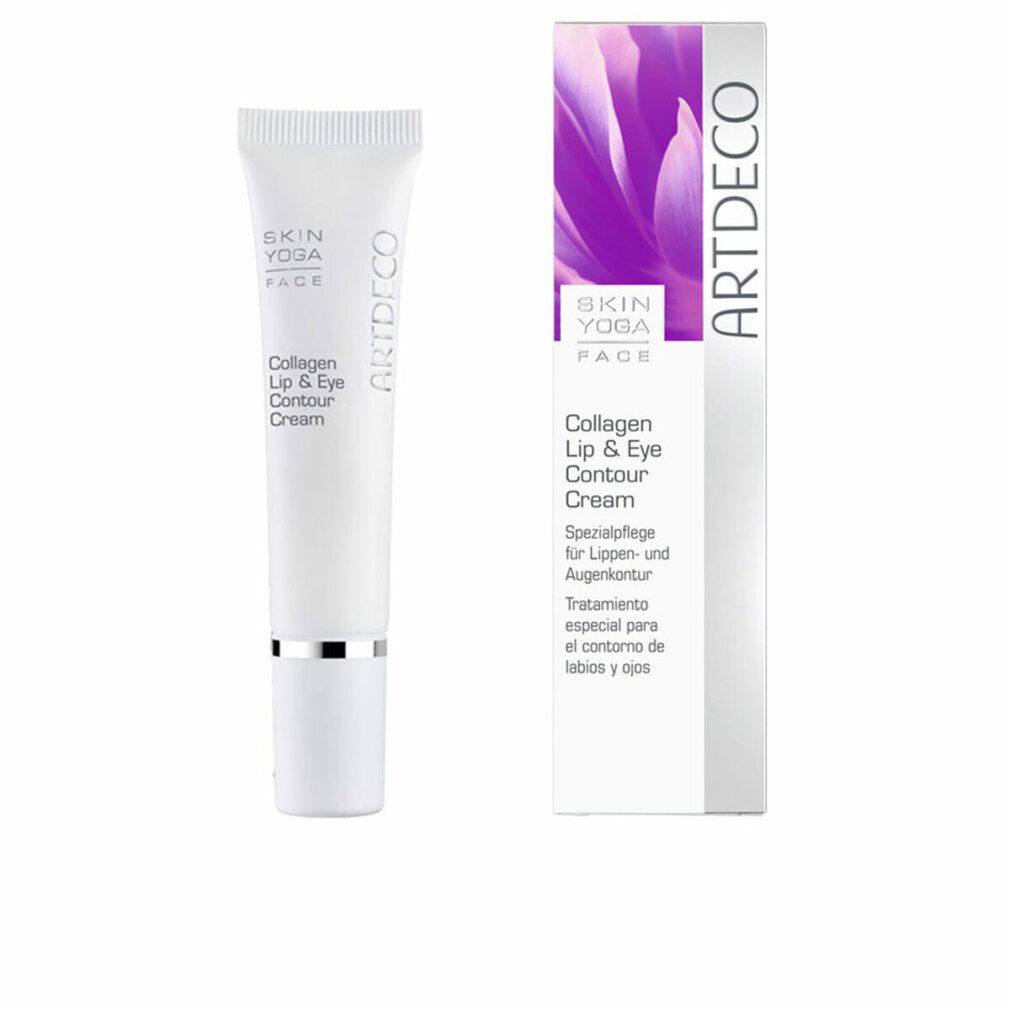Weiße Tube und Schachtel mit Produktnamen und Logo. Aufschrift: Collagen Lip & Eye Contour Cream. Marke: Artdeco.
