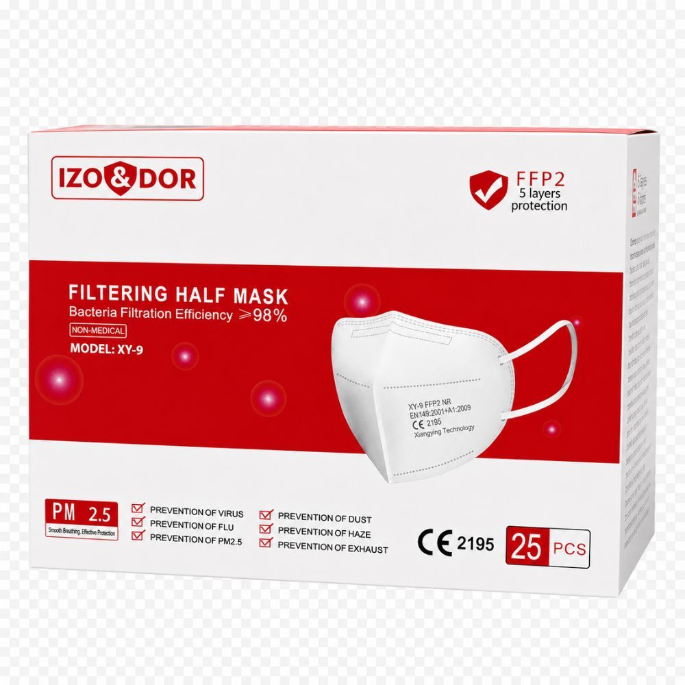 Verpackung einer weißen FFP2-Maske für 25 Stück, CE-zertifiziert, 5-lagig, Filtereffizienz >98%.
