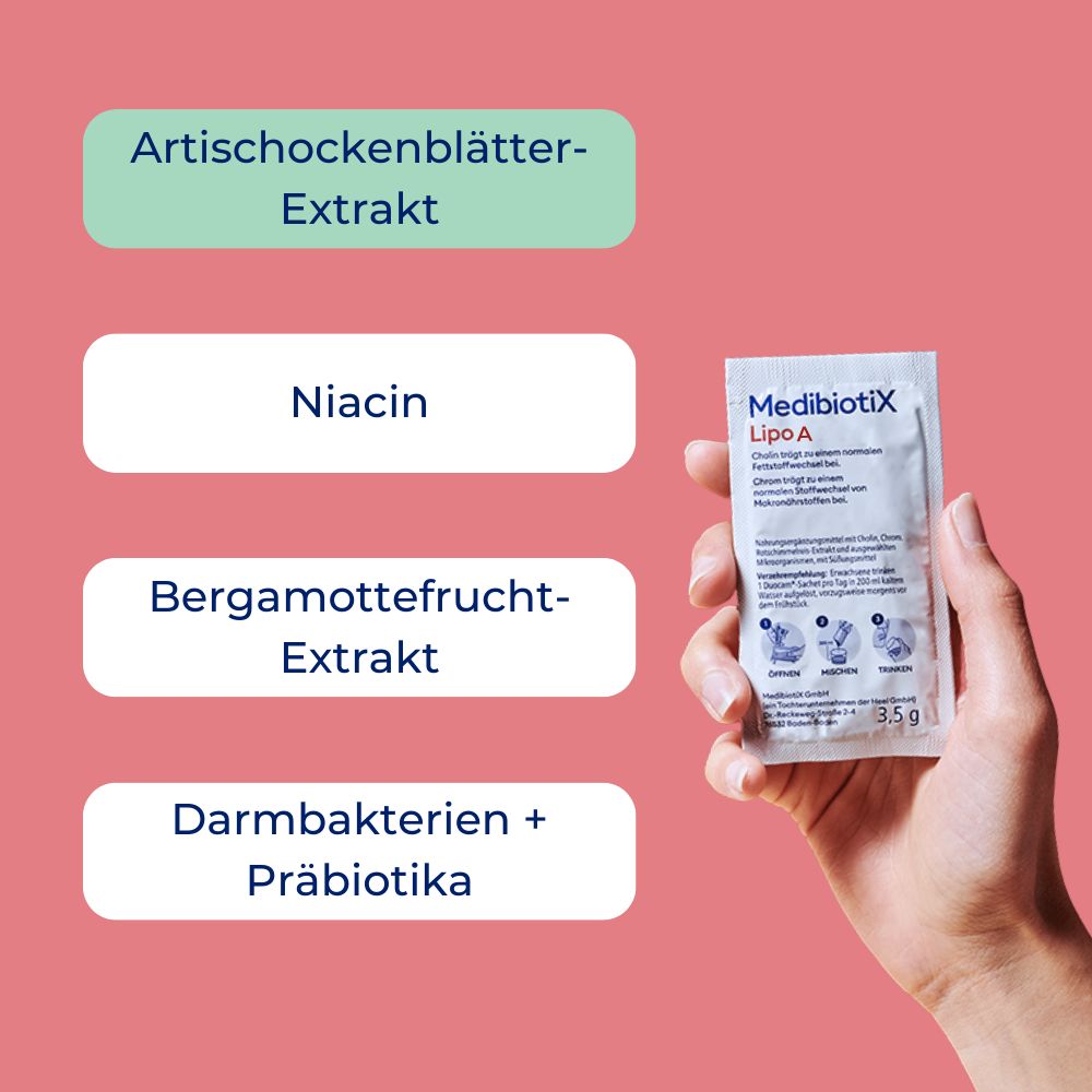 Hand hält MedibiotiX Lipo A-Beutel. Aufschrift: Niacin, Bergamottefrucht-Extrakt, Darmbakterien + Präbiotika. Hintergrund: rosa.