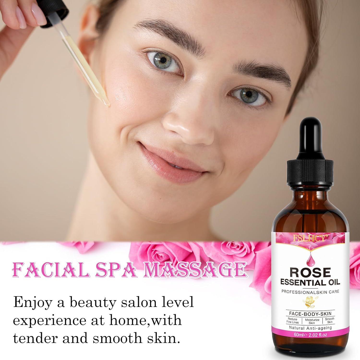 Braune Glasflasche mit Tropfer und Etikett. Aufschrift: ROSE ESSENTIAL OIL. Frau mit Tropfer auf dem Gesicht. Text über Gesichtsmassage.