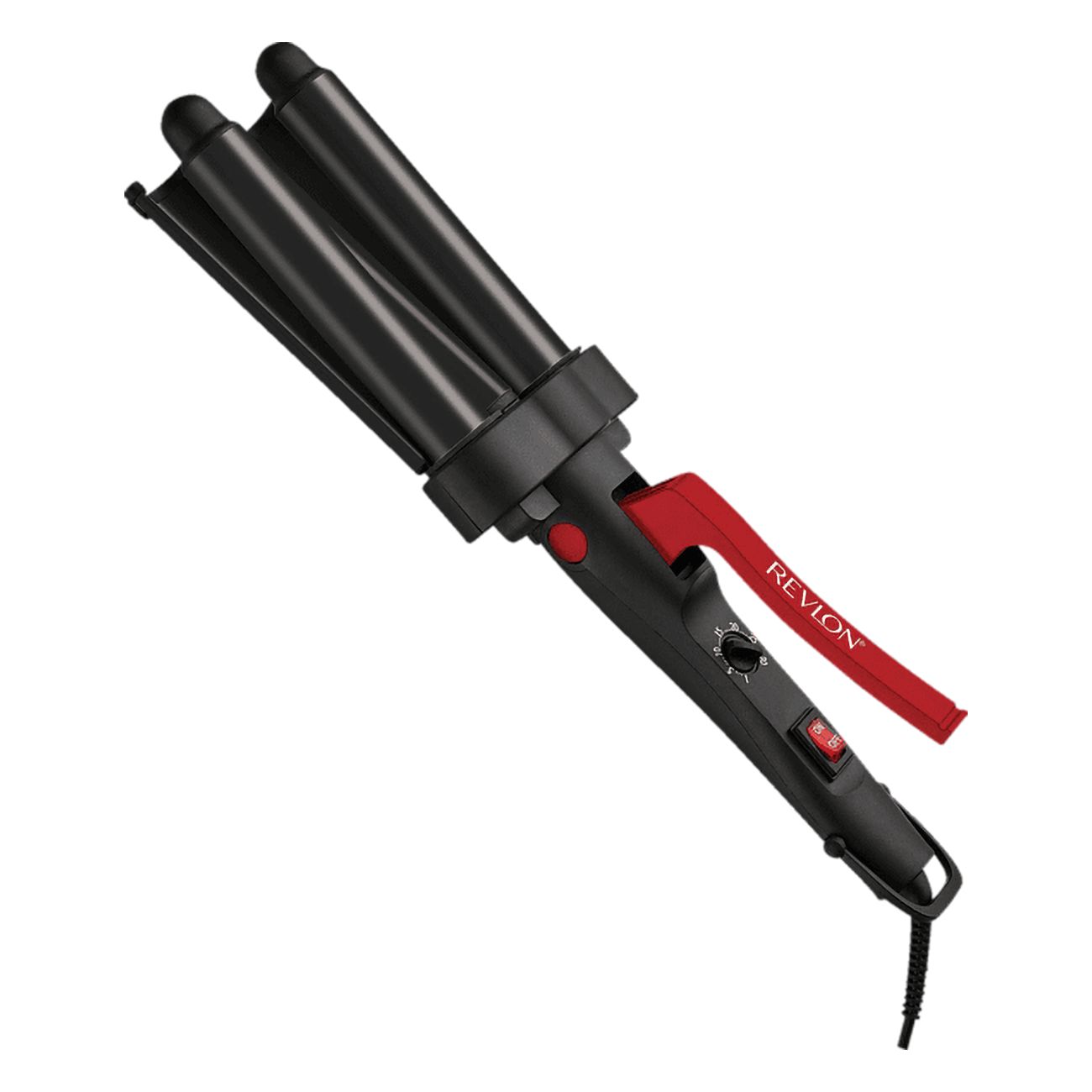 Welleneisen mit drei Heizstäben. Schwarzes Gehäuse, roter Griff mit Revlon-Logo. Temperaturregler und Ein-/Ausschalter.