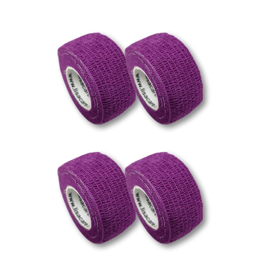 Vier Rollen Fingerpflaster, lila. Aufgerollt, mit weißem Kern. Marke auf dem Kern sichtbar.