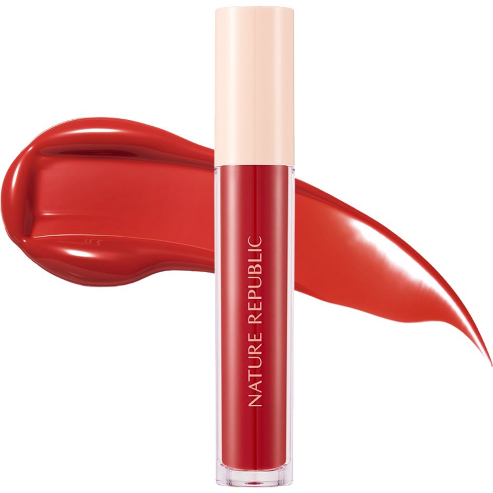 Roter Lip Tint mit Farbabstrich. Beige Kappe. Aufschrift NATURE REPUBLIC. Transparente Hülle.