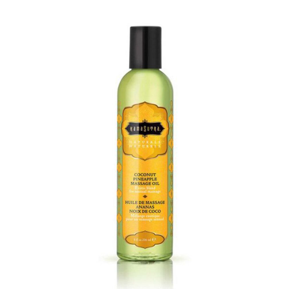 Grüne Flasche mit schwarzem Deckel. Etikett mit Kamasutra Naturals, Kokosnuss Ananas Massageöl.