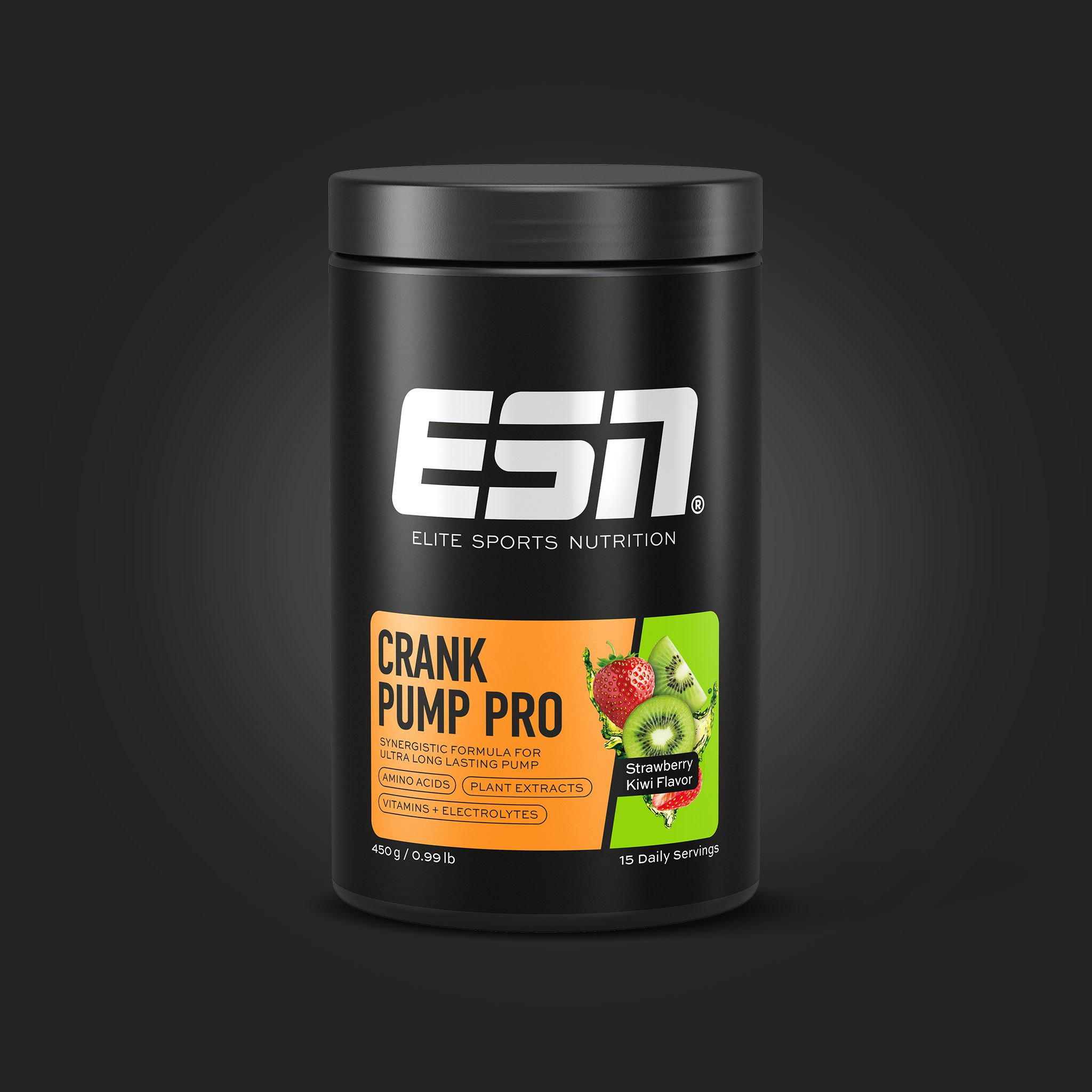 Schwarze Dose mit ESN-Logo und "Crank Pump Pro"-Etikett. Erdbeer-Kiwi-Geschmack, 10 Portionen.