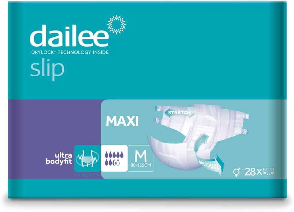 Verpackung Dailee Slip Maxi. Türkis-weiß. Produktabbildung mit Produktmerkmalen und Größenangaben. M, 60-135cm, 128 Stück.