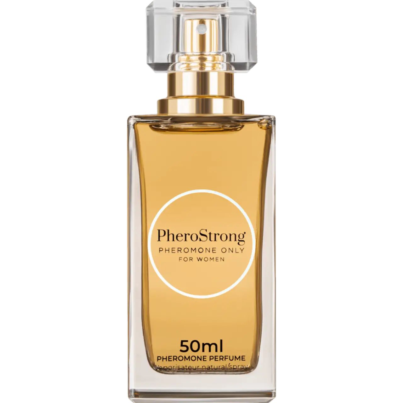 Parfümflasche mit goldfarbener Flüssigkeit. Klarer Verschluss, goldfarbener Sprühkopf. Aufschrift: PheroStrong, 50ml.