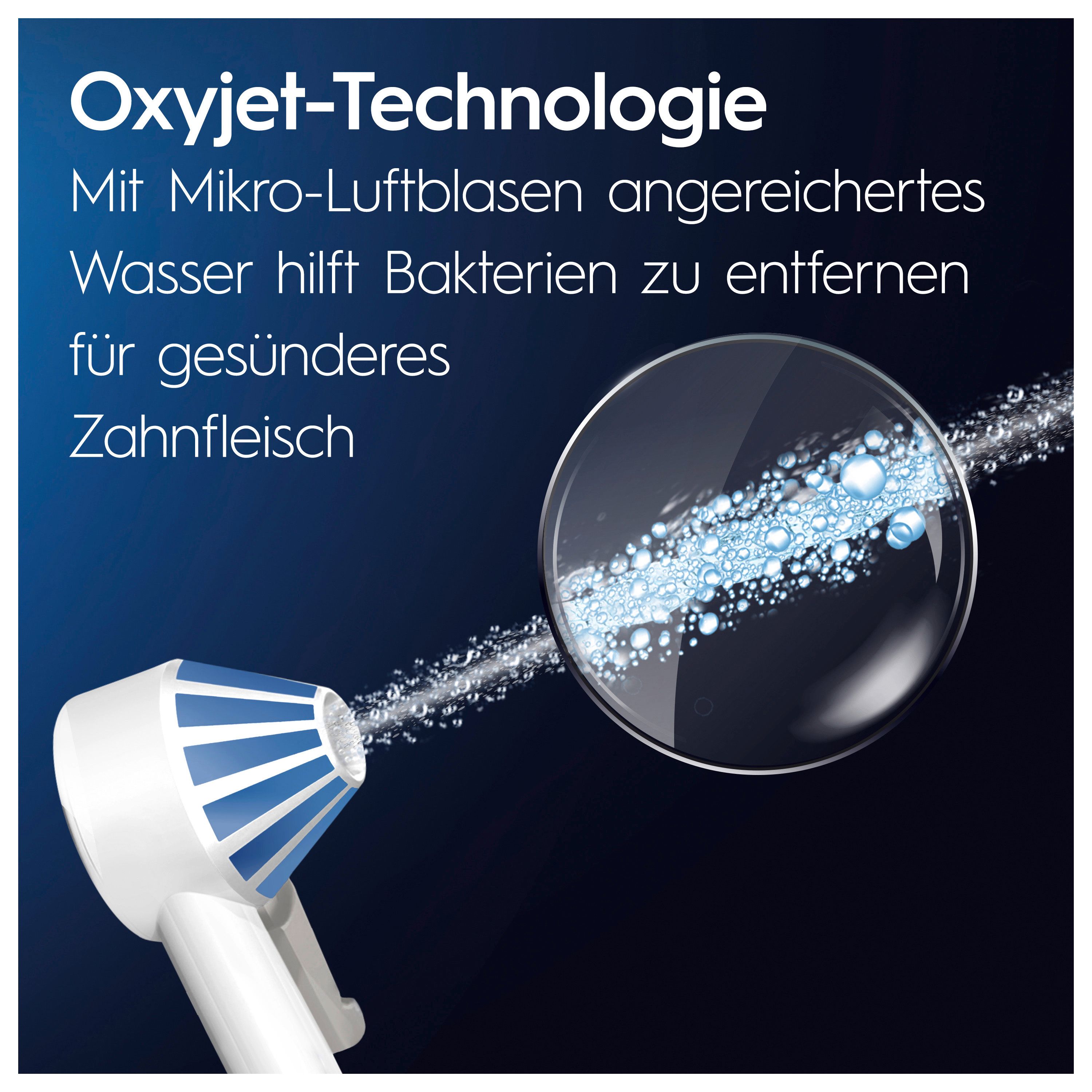 Nahaufnahme des Mundduschen-Aufsatzes. Wasserstrahl mit Mikro-Luftblasen. Text: Oxyjet-Technologie. Für gesünderes Zahnfleisch.