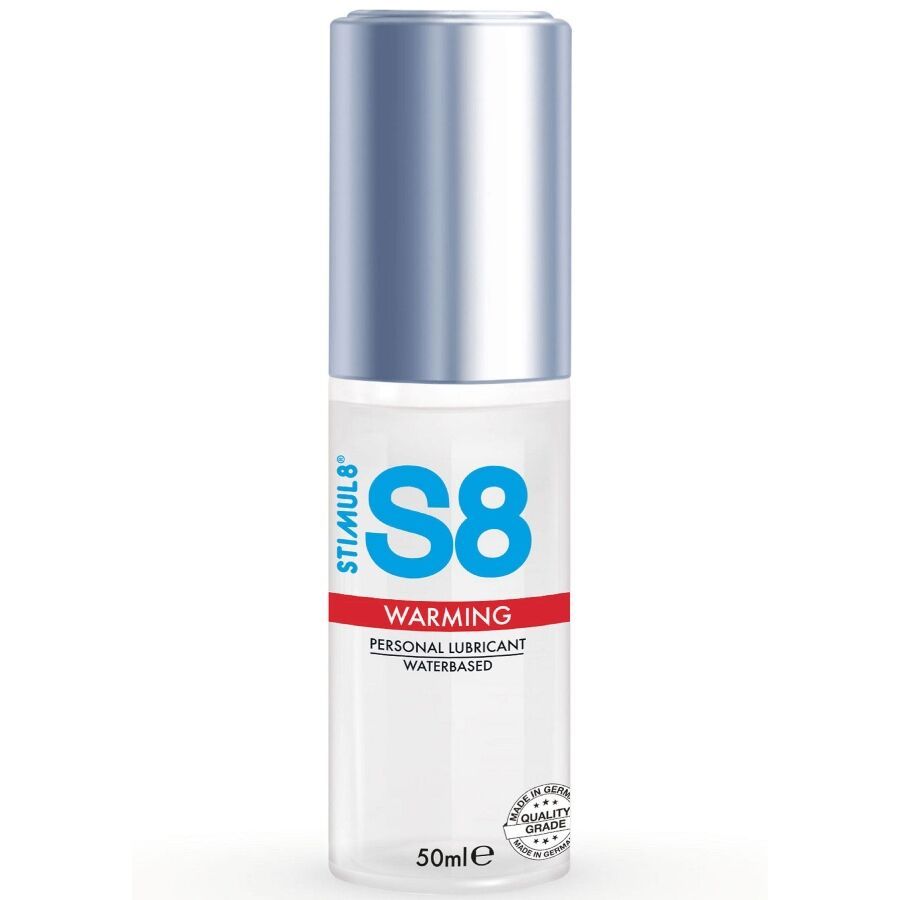 Zylindrische Flasche mit silbernem Deckel. Aufschrift "STIMUL8", "S8", "Warming", "Personal Lubricant Waterbased". 50ml.