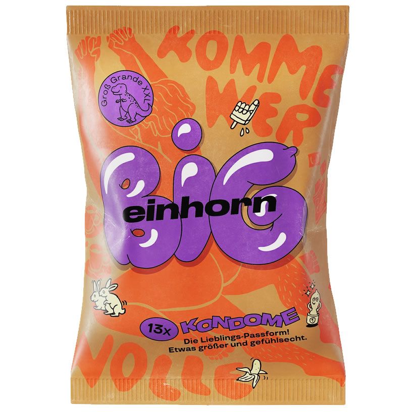 Verpackung mit Kondomen. Aufschrift "einhorn BIG". Enthält 13 Kondome. Text: "Die Lieblings-Passform! Etwas größer und gefühlsecht."