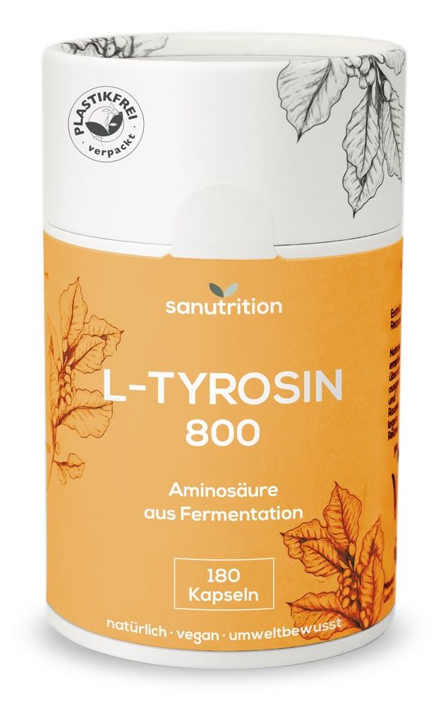 Zylindrische Dose mit Sanutrition L-Tyrosin 800. Orangefarbenes Etikett mit Produktnamen, 180 Kapseln, vegan, umweltbewusst. Plastikfrei.