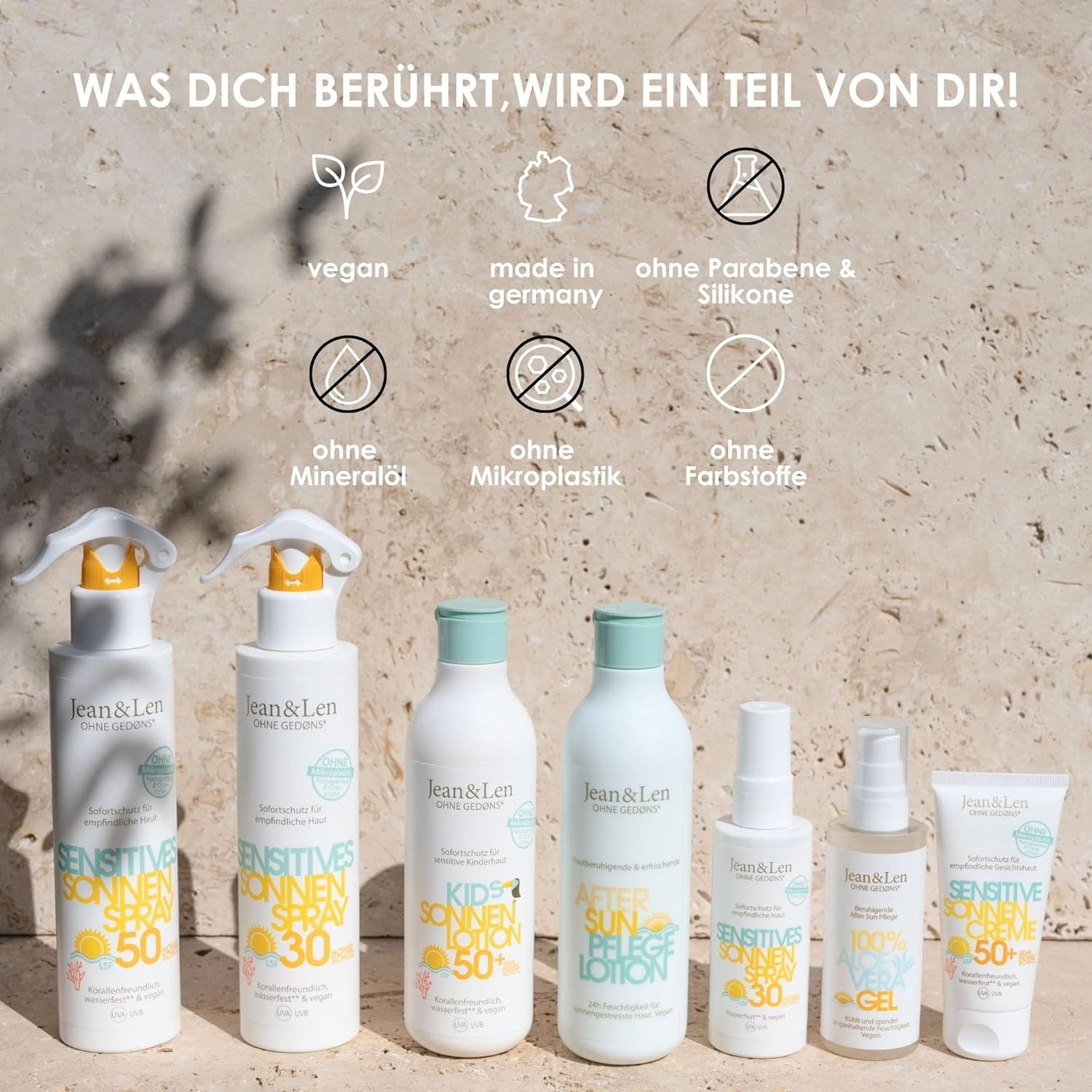 Verschiedene Produkte in weißen Flaschen. Text: vegan, made in Germany, ohne Parabene & Silikone, Mineralöl, Mikroplastik, Farbstoffe.
