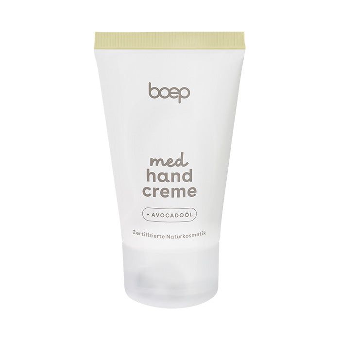 Eine Tube Handcreme mit dem Logo und der Aufschrift med. hand creme. Zertifizierte Naturkosmetik.