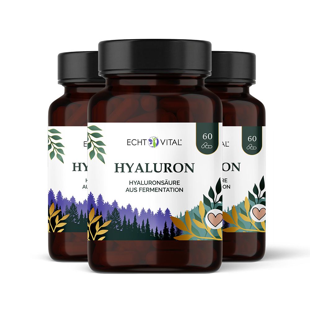 Drei braune Flaschen mit schwarzem Deckel. Etikett mit Produktname und Logo. 60 Kapseln pro Flasche.