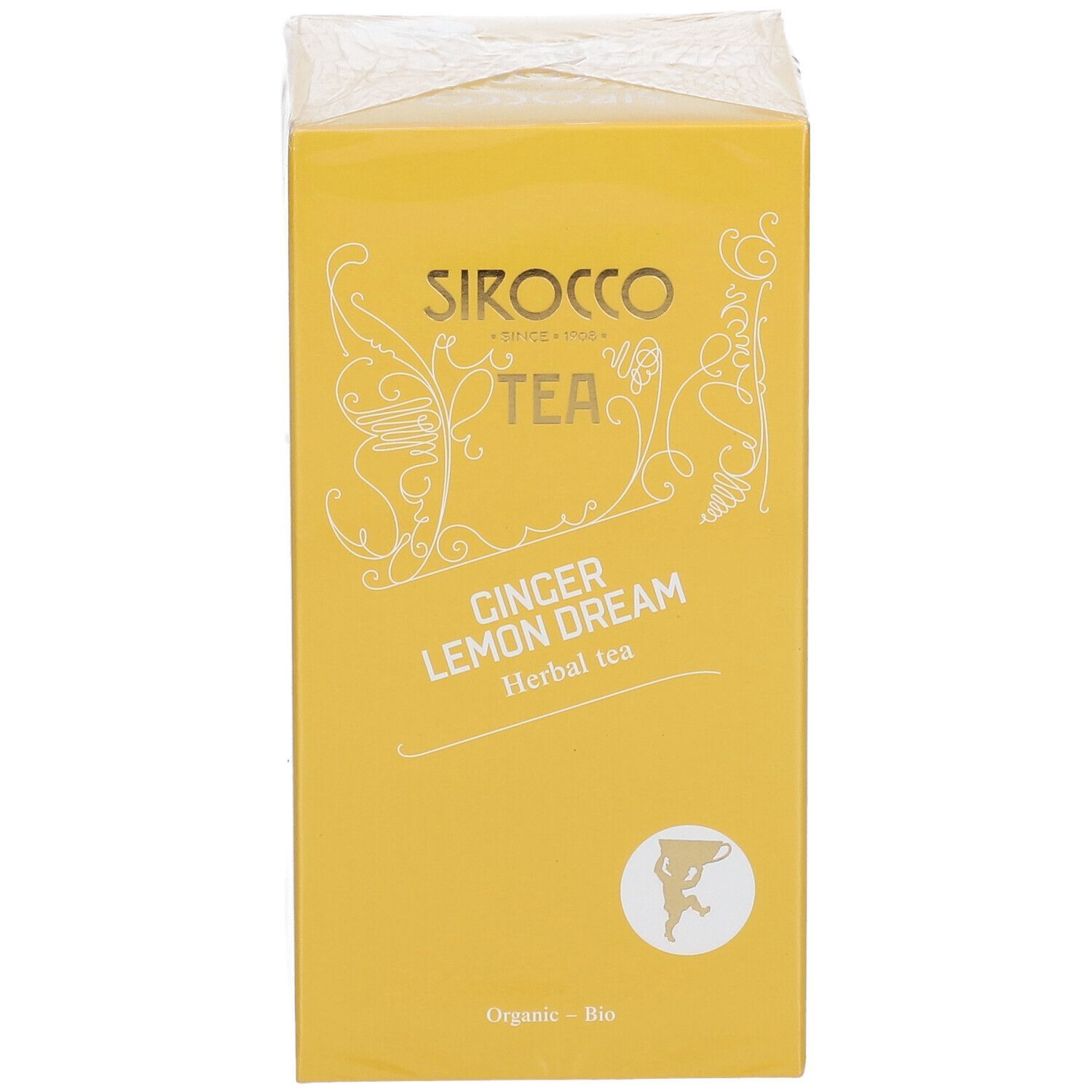 Gelbe Verpackung, eingeschweißt. "Sirocco Tea Ginger Lemon Dream". Logo und Produktbezeichnung. Bio-Zertifizierung.