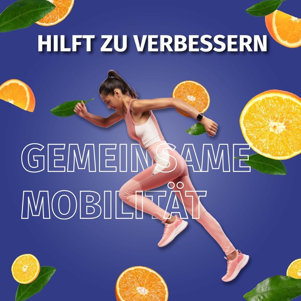 Frau rennt, umgeben von Orangen. Text: Hilft zu verbessern, gemeinsame Mobilität. Orangen-Hälften.