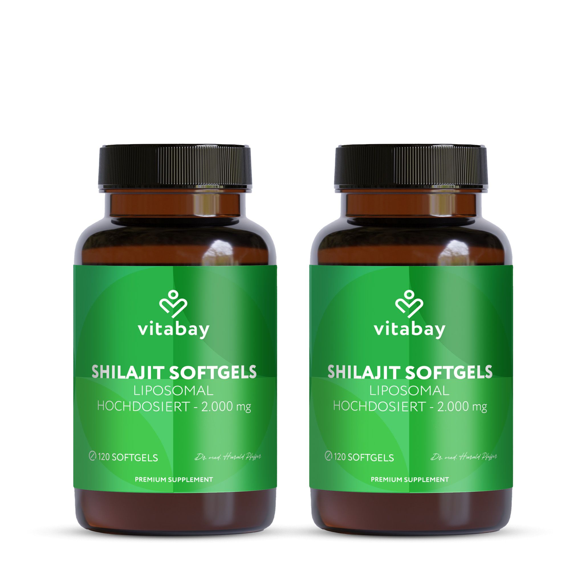 Zwei braune Glasflaschen mit grünen Etiketten. Aufschrift: Vitabay, Shilajit Softgels, Liposomal, 2.000 mg.