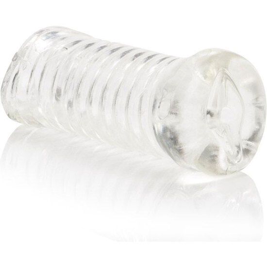 Transparentes, zylindrisches Produkt mit geriffelter Oberfläche. Ein Ende ist geöffnet, das andere geschlossen.