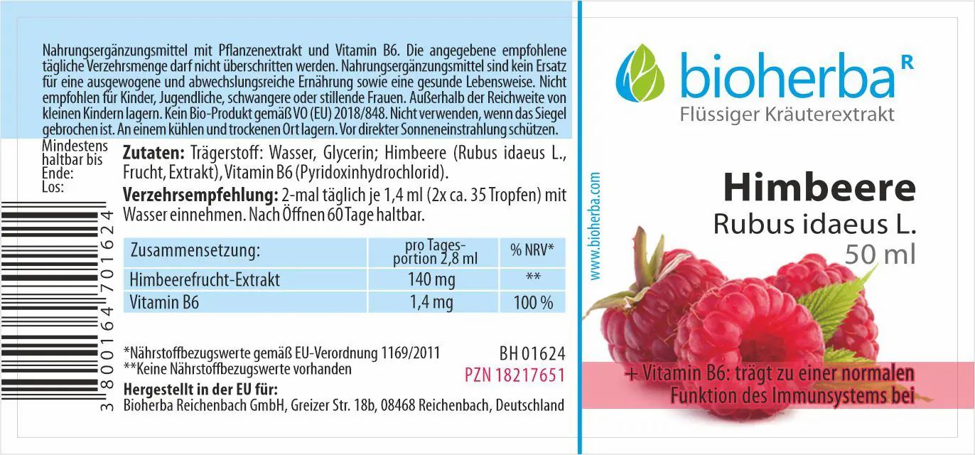 Etikett mit Produktinformationen und Himbeeren-Illustration. Enthält Text, Logo "bioherba" und Nährwertangaben.