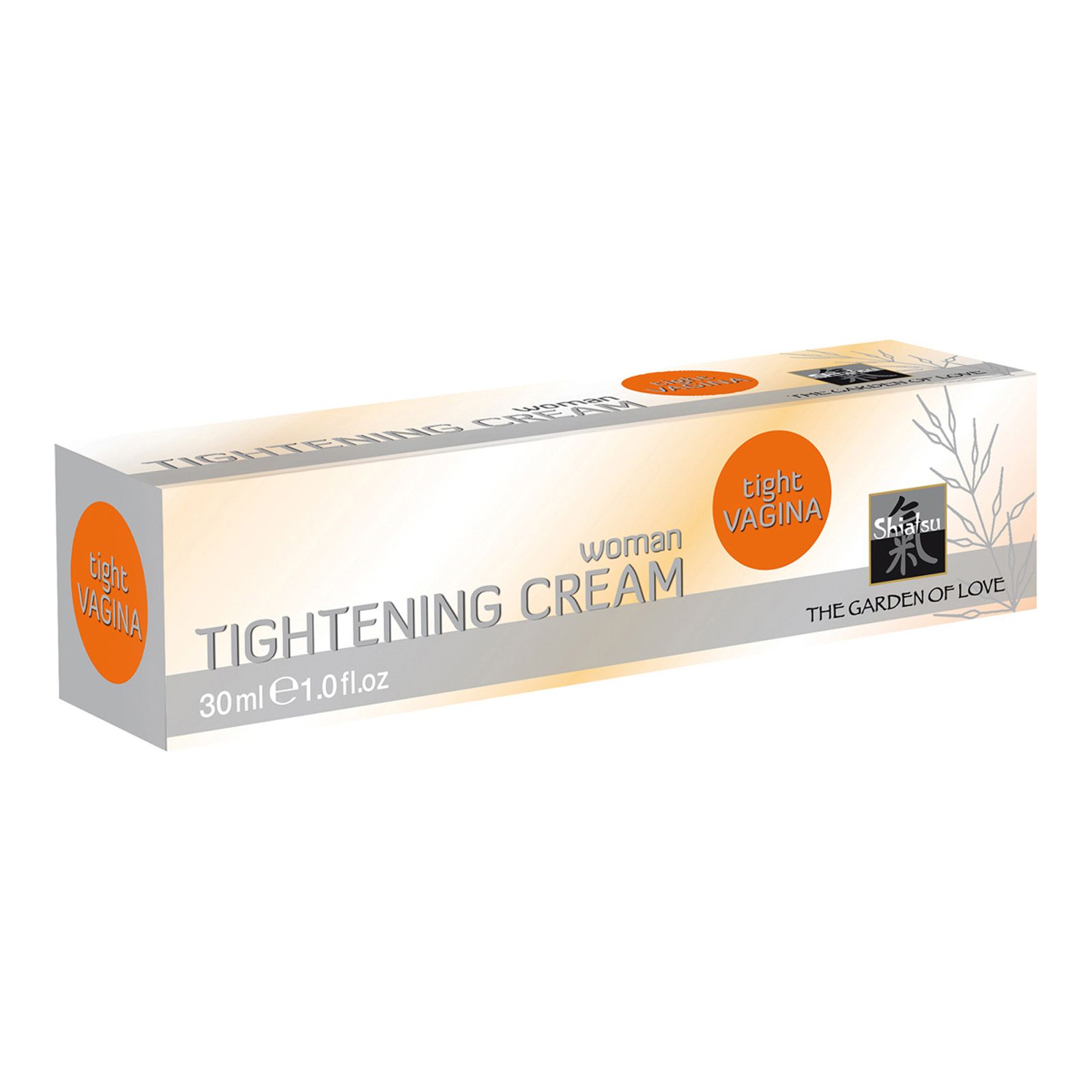 Creme-Verpackung. Aufschrift: Tightening Cream, 30ml. Orangefarbene Kreise mit Text. Logo: Shiatsu, The Garden of Love.