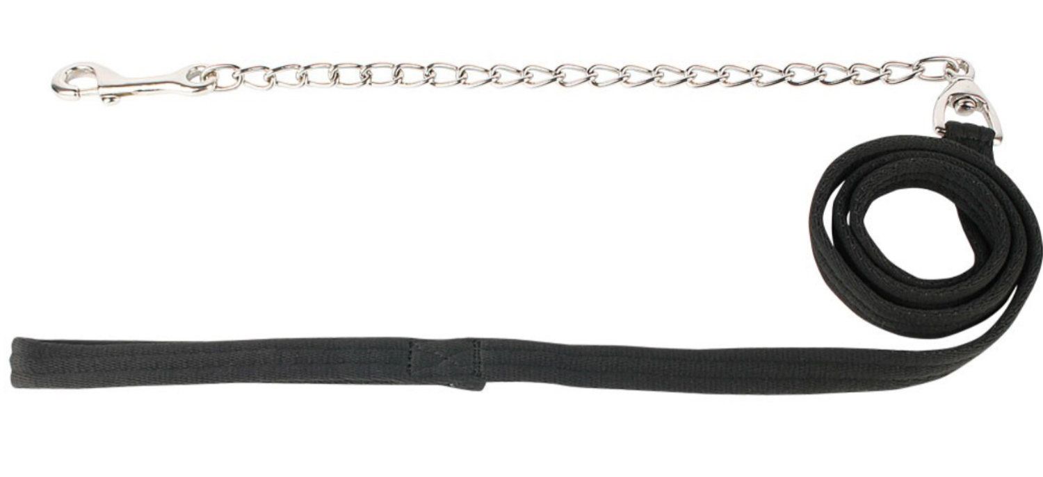 Schwarzer Halfterführstrick mit Kette. Der Strick ist aufgerollt. Am Ende befindet sich ein Karabinerhaken.