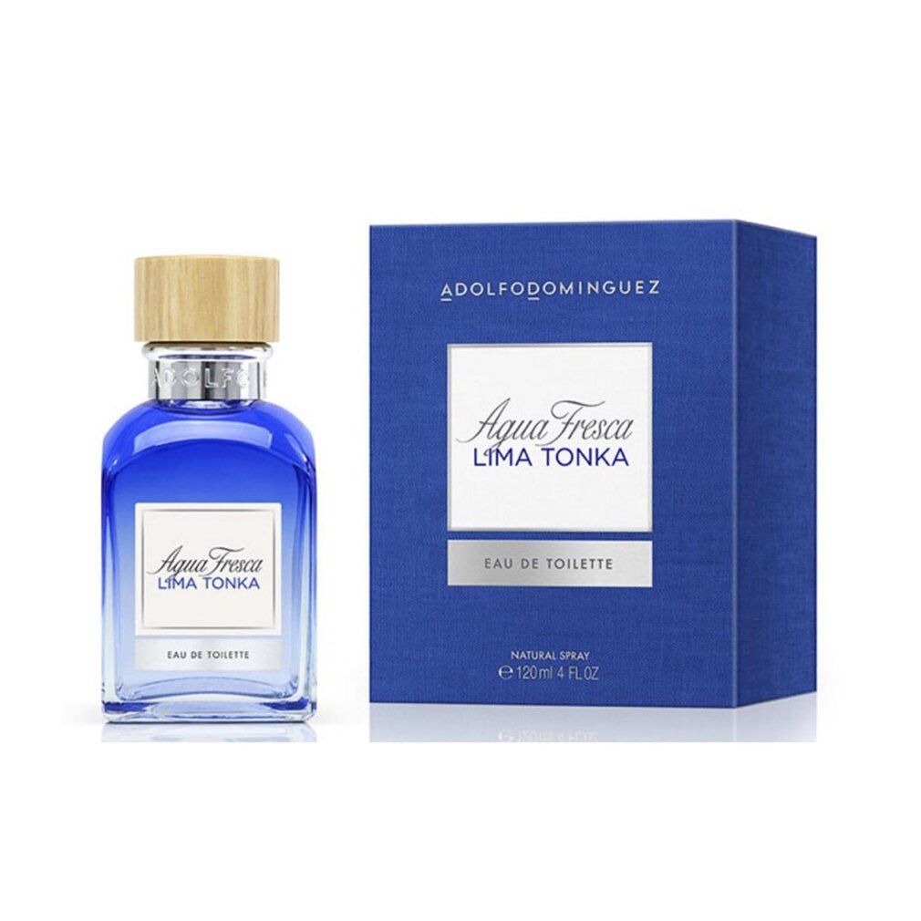 Blaues Parfümflakon und -schachtel. Aufschrift: Agua Fresca Lima Tonka, Eau de Toilette. Holzfarbener Verschluss.