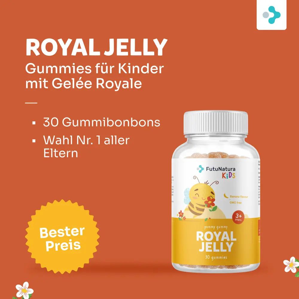 Flasche mit Gummies. Aufkleber mit Produktname, Logo und Inhaltsangaben. 30 Gummies. Text: Bester Preis.