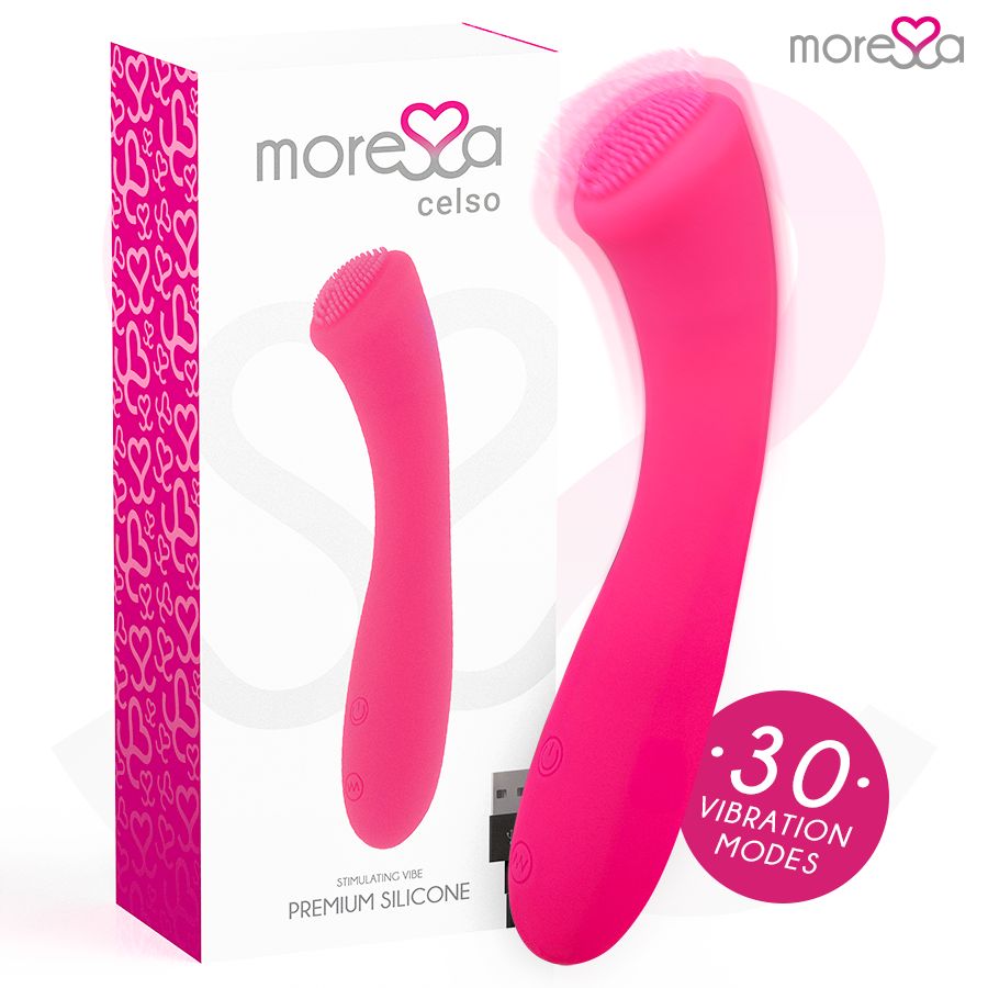 Pinker Vibrator aus Silikon mit 30 Vibrationsmodi und USB-Ladeanschluss.