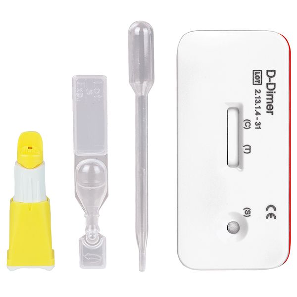 Verschiedene Komponenten des Cleartest D-Dimer Schnelltests. Enthält Teststreifen, Pipette, Behälter und Lanzette.