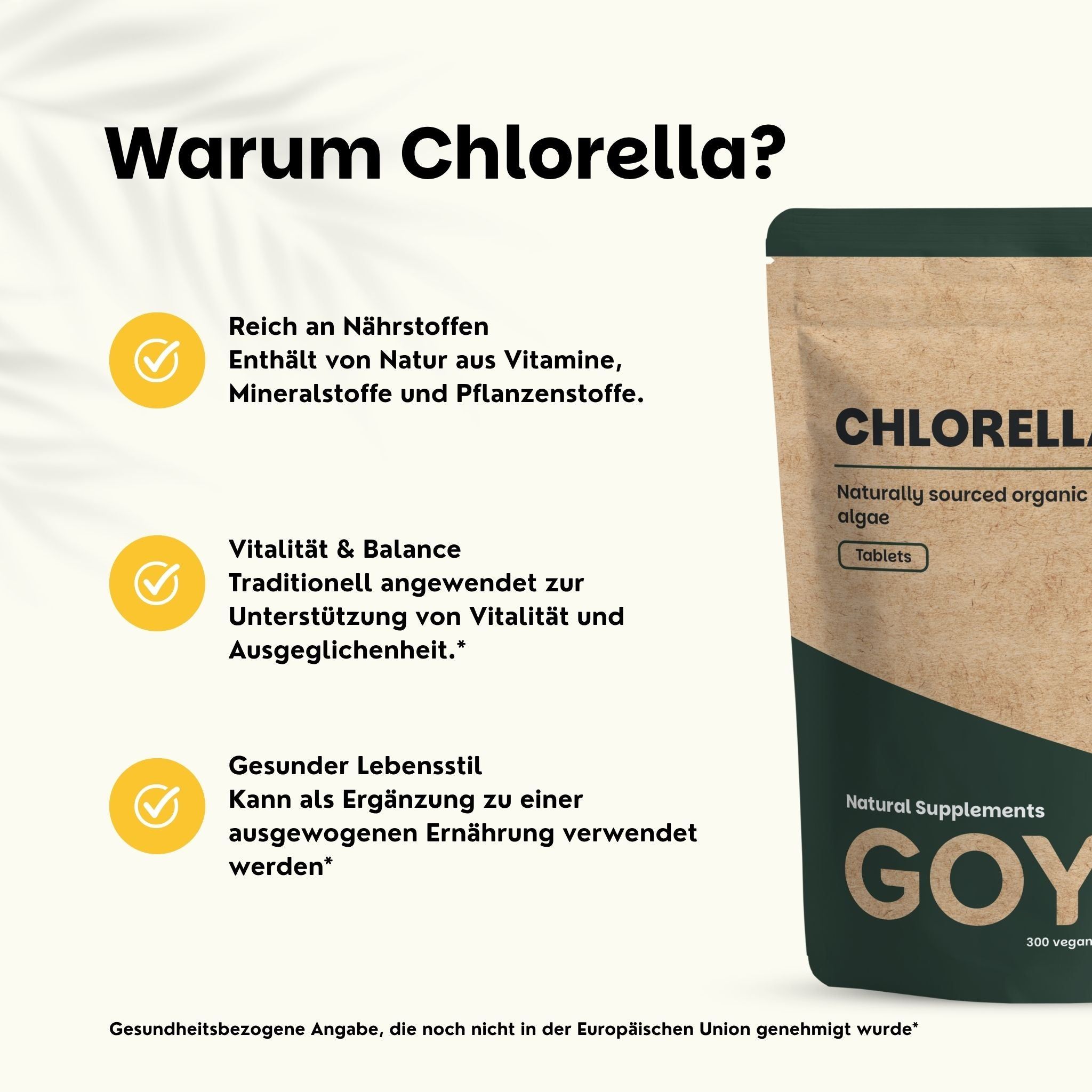 Chlorella-Tabletten in brauner Papiertüte mit grüner Schrift. "CHLORELLA" und "GOYA" sind sichtbar.