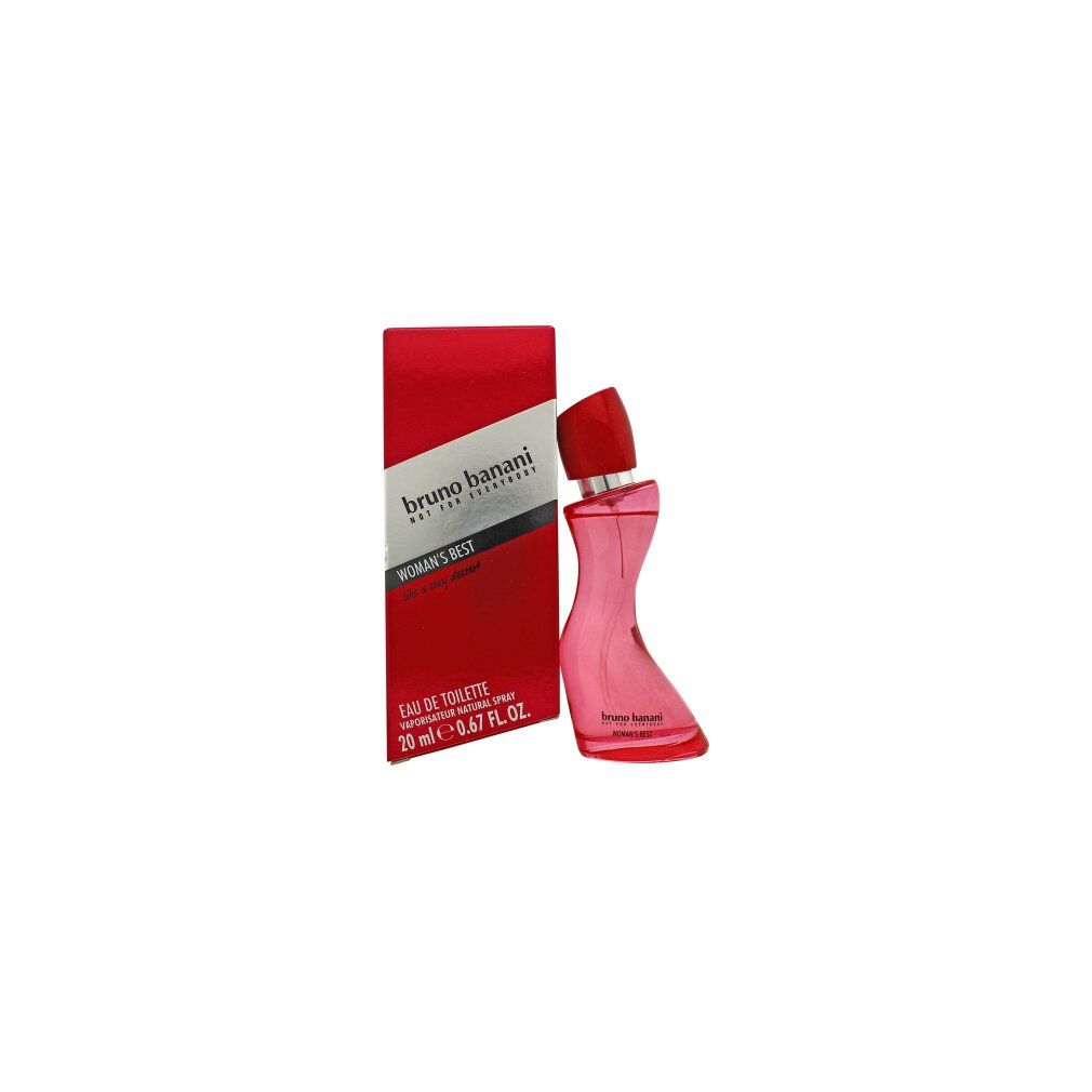Rosa Eau de Toilette-Flakon mit rotem Verschluss und Verpackung. Aufschrift: Bruno Banani Woman's Best. 20 ml.