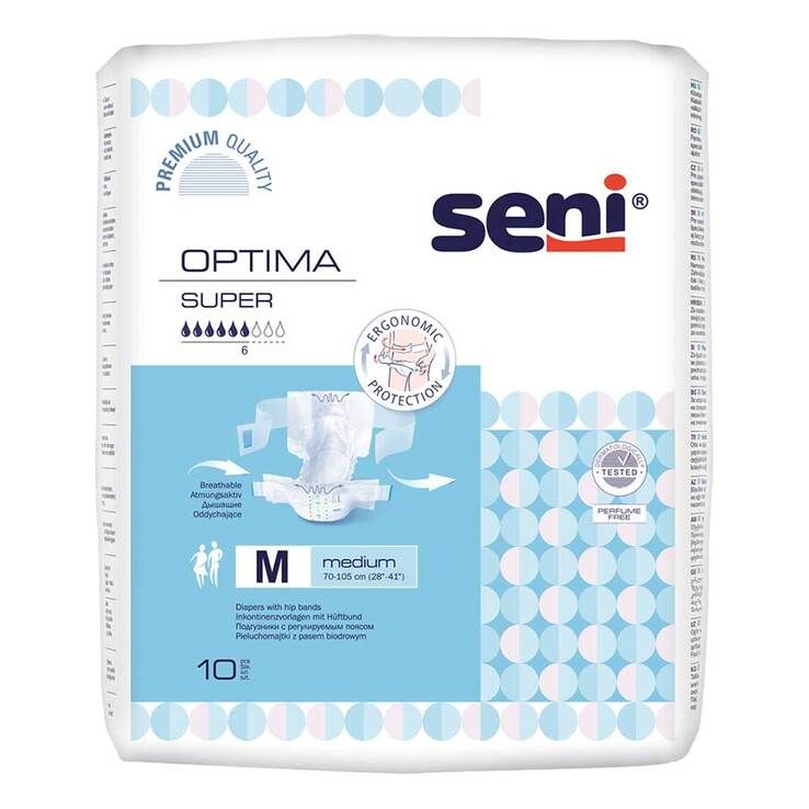 Verpackung von Seni Optima Super Inkontinenzvorlagen. Enthält 10 Stück. Mit Hüftbund, Größe M.