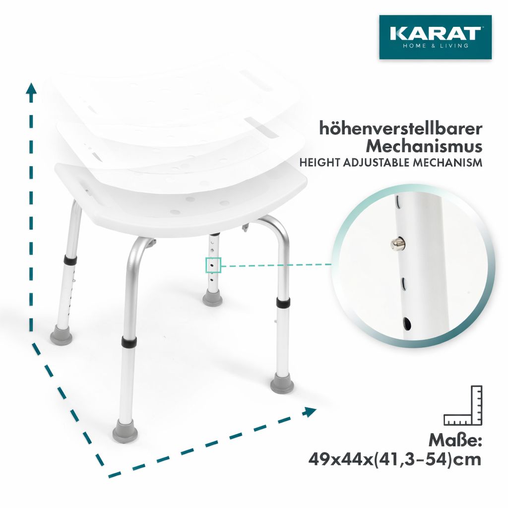 Duschhocker mit weißer Sitzfläche und höhenverstellbaren Beinen. Maße: 49x44x(41,3-54)cm. Anti-Rutsch-Gummifüße. KARAT Logo.