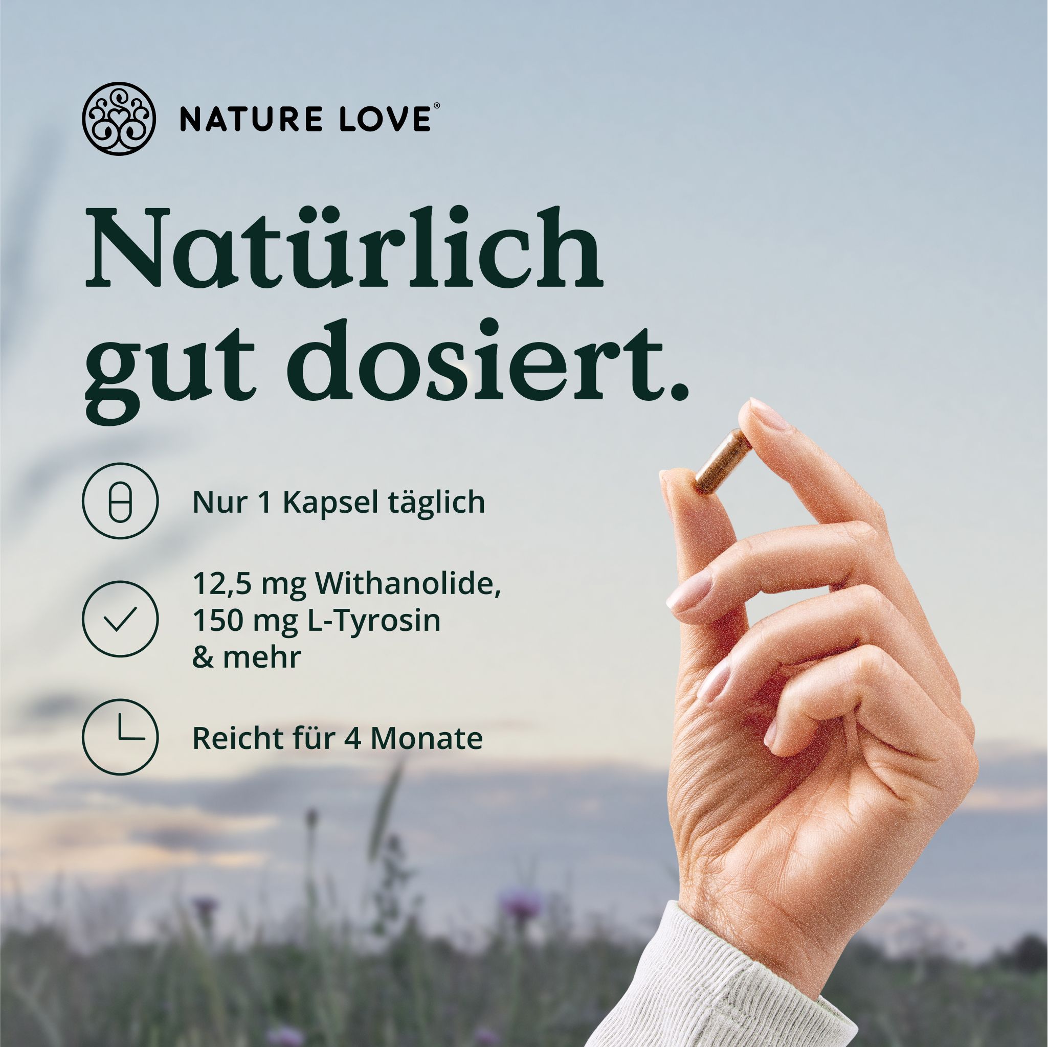 Hand hält eine Kapsel. Text: Nur 1 Kapsel täglich. 12,5 mg Withanolide, 150 mg L-Tyrosin & mehr. Reicht für 4 Monate.