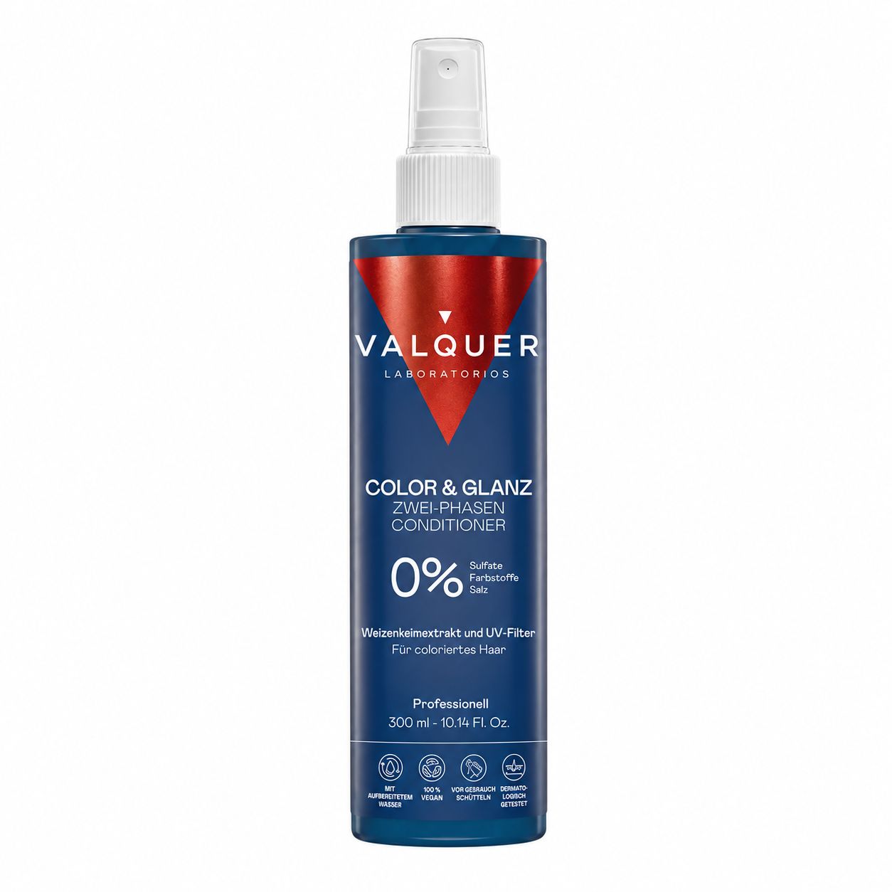 Valquer Color & Shine Zwei-Phasen-Conditioner in dunkler Flasche mit Sprühkopf.