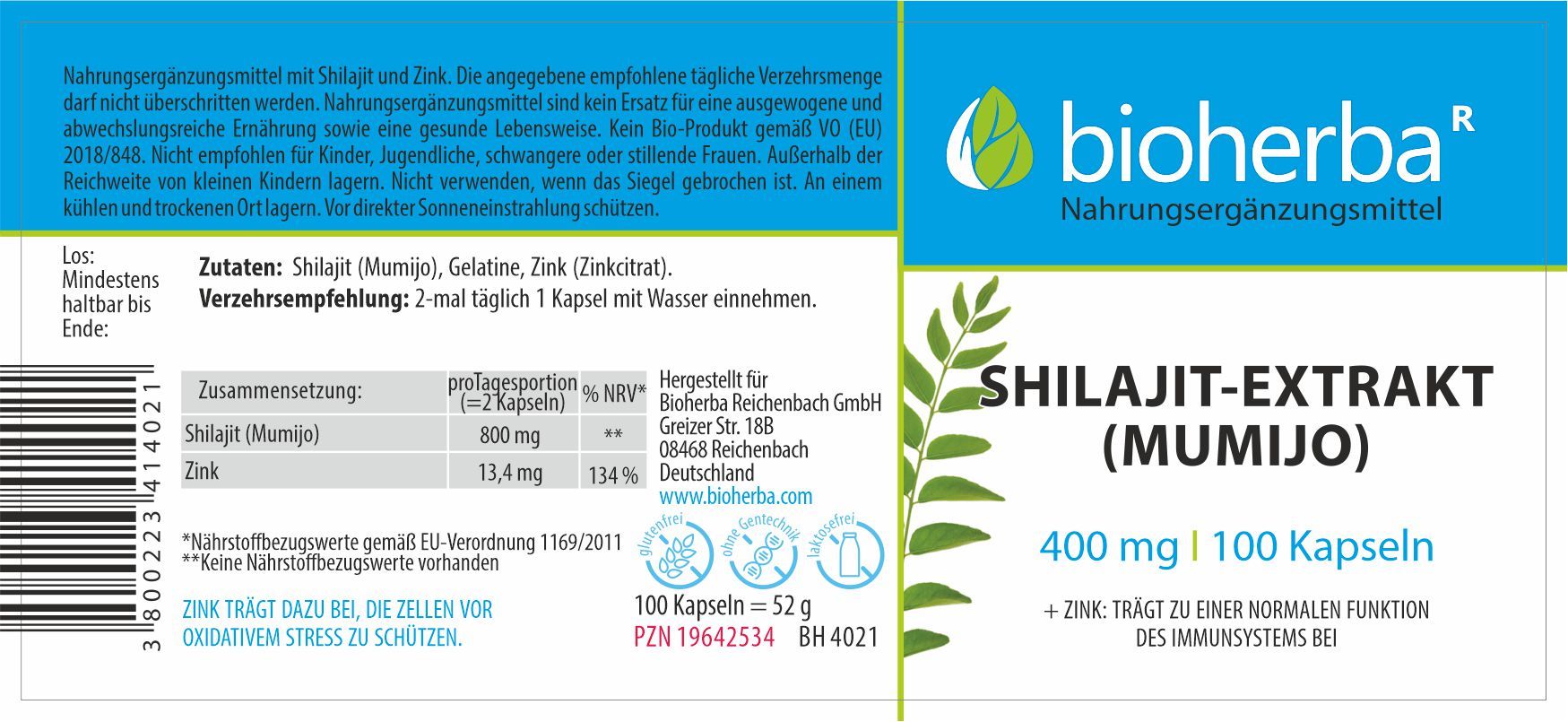 Etikett mit Produktinformationen. Enthält Shilajit-Extrakt (Mumijo) und Zink. Marke: bioherba. 400 mg | 100 Kapseln.